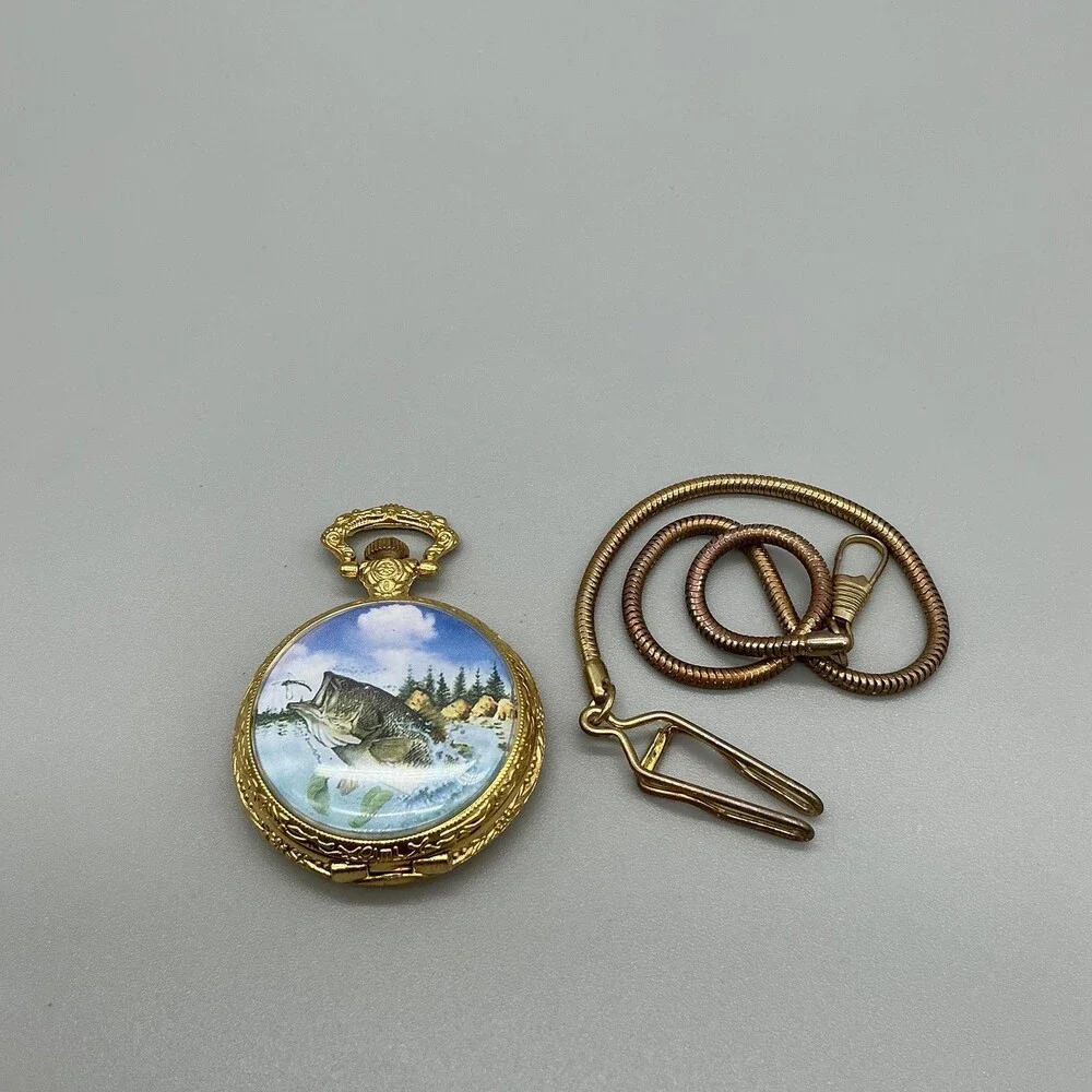 Largemouth Bass Pocket Watch Men 46mm Gold Tone Full Hunter Chain New Battery